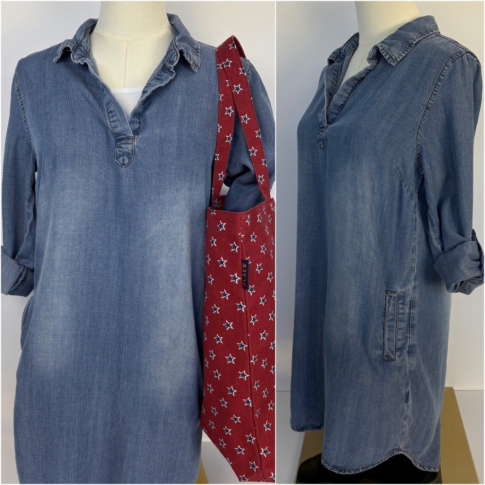 Velvet Heart Tencel Chambray Shift Dress XS Faded Blue 90s Minimalist Pockets